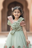 Dreamy Pastel Green & Dusty Pink 3D Floral Embellished Party Gown For Girls
