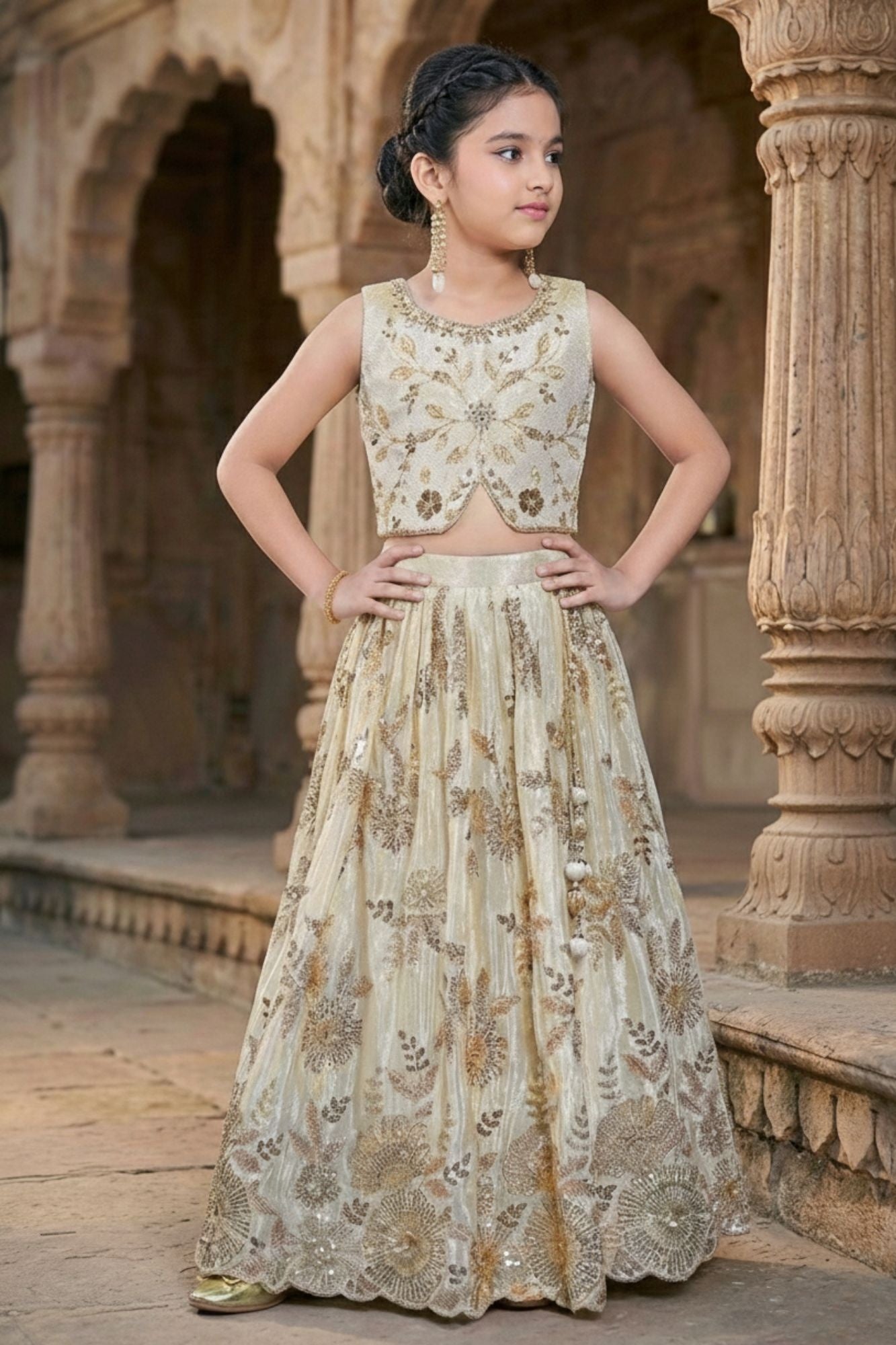Cream And Gold Embroidered Lehenga Choli Set with Floral Motifs For Girls