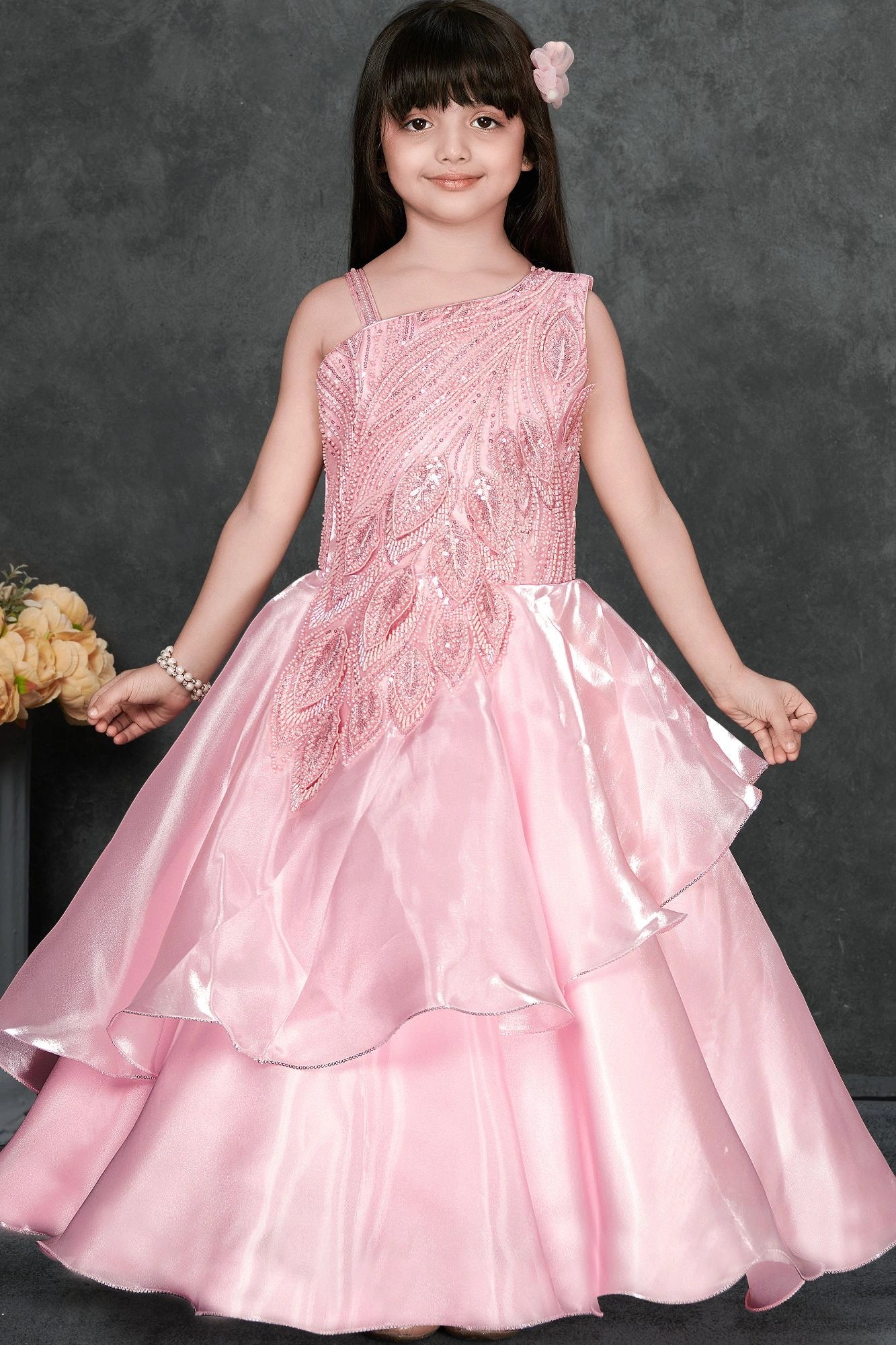 Pink Layered Organza Party Gown with Asymmetric Sequin Embroidery For Girls