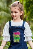 Denim Printed Dungaree Skirt With White 3/4 Sleeves T Shirt For Girls
