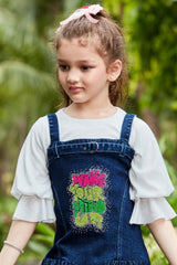 Denim Printed Dungri Skirt With White 3/4 Sleeves T Shirt For Girls