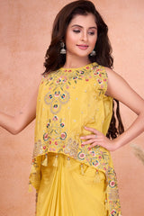Yellow Embroidered Top With Draped Dhoti Skirt Set For Girls