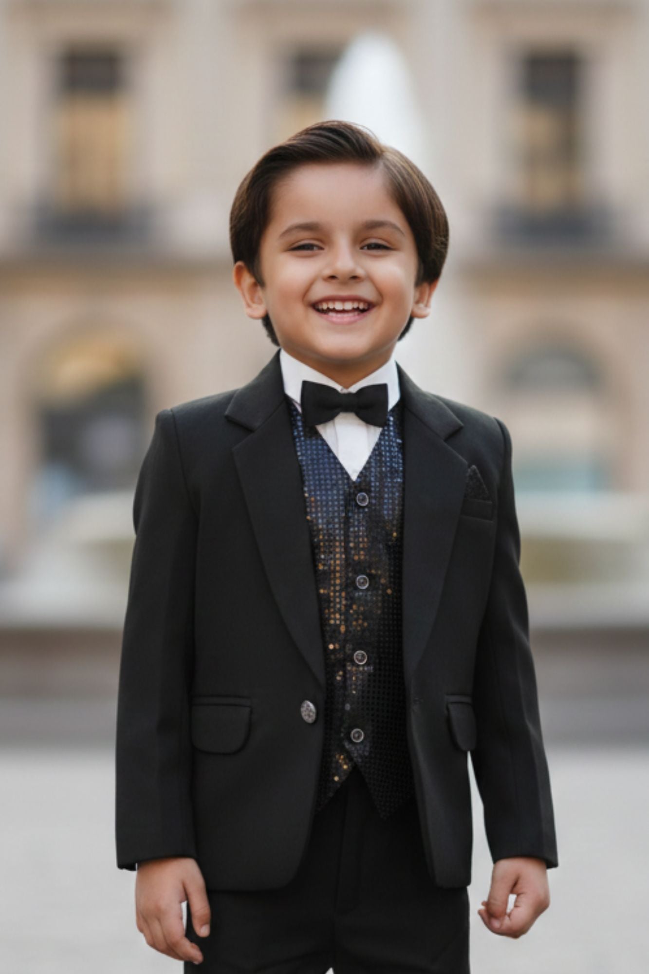 Black Tuxedo With Black Pant And Sequin Waistcoat Set For Boys