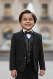 Black Tuxedo With Black Pant And Sequin Waistcoat Set For Boys