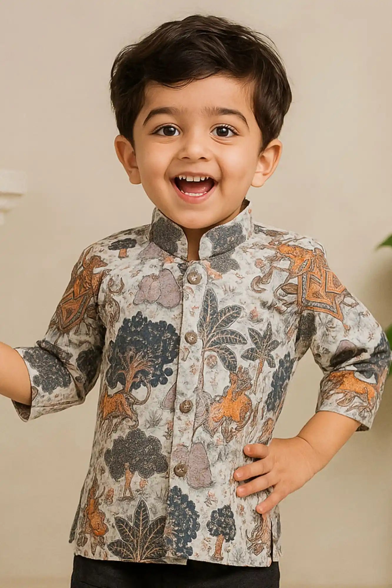 Casual Printed Sequins Embroidered Kurta with Black Dhoti Set For Boys