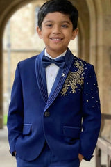 Navy Blue Western Suit With Gold Bead Work For Boys