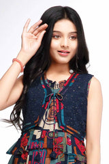 Navy Blue Printed And Sequins Work Frock With Waist Coat For Girls