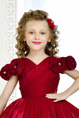 Maroon Partywear Frock Embellished With Flowers For Girls