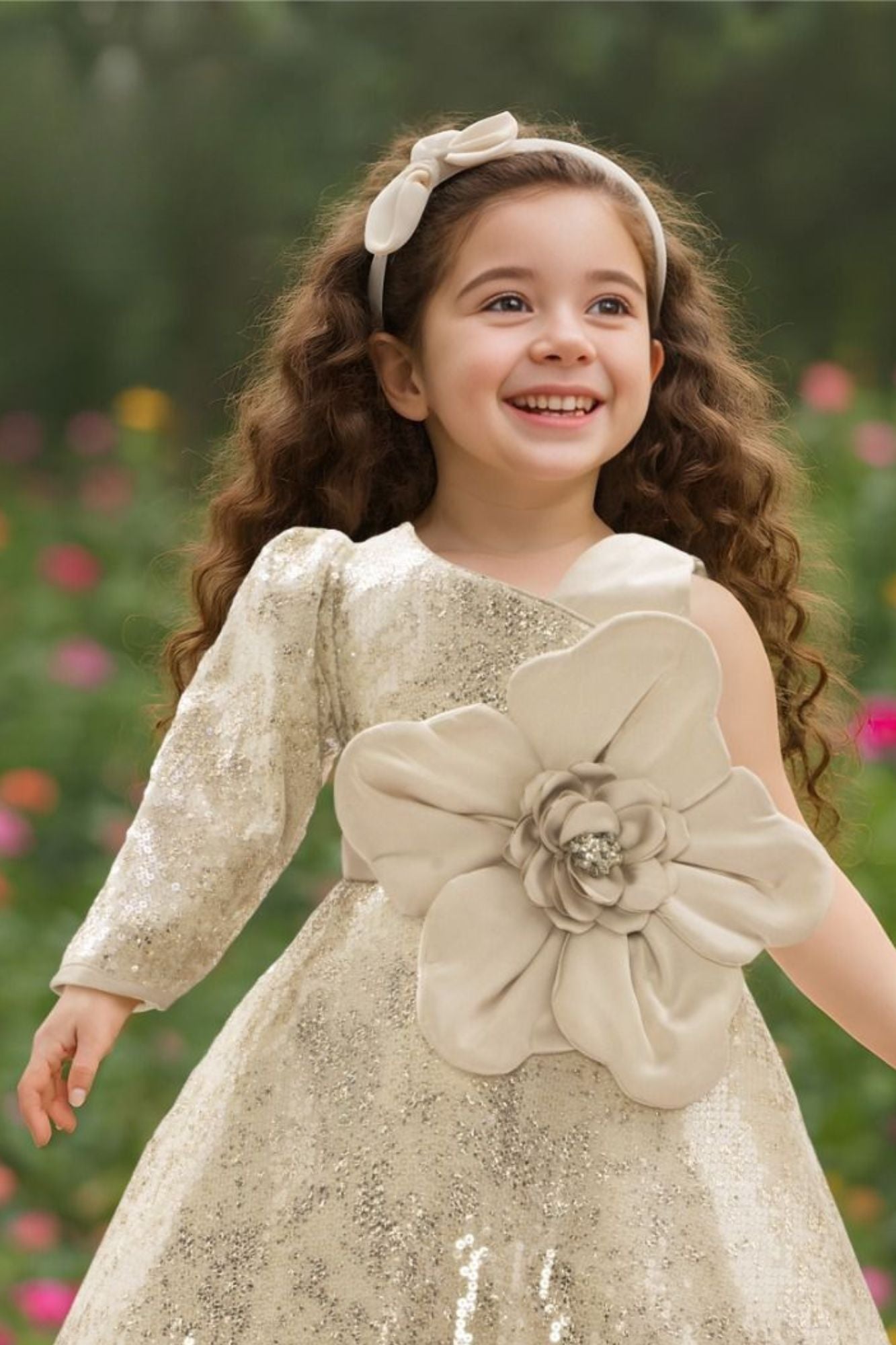 Fawn Sequin Party Gown with Oversized Floral Bow For Girls