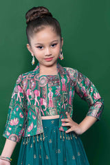 Peacock Green Zari Embroidered Palazzo Set With Overcoat  For Girls