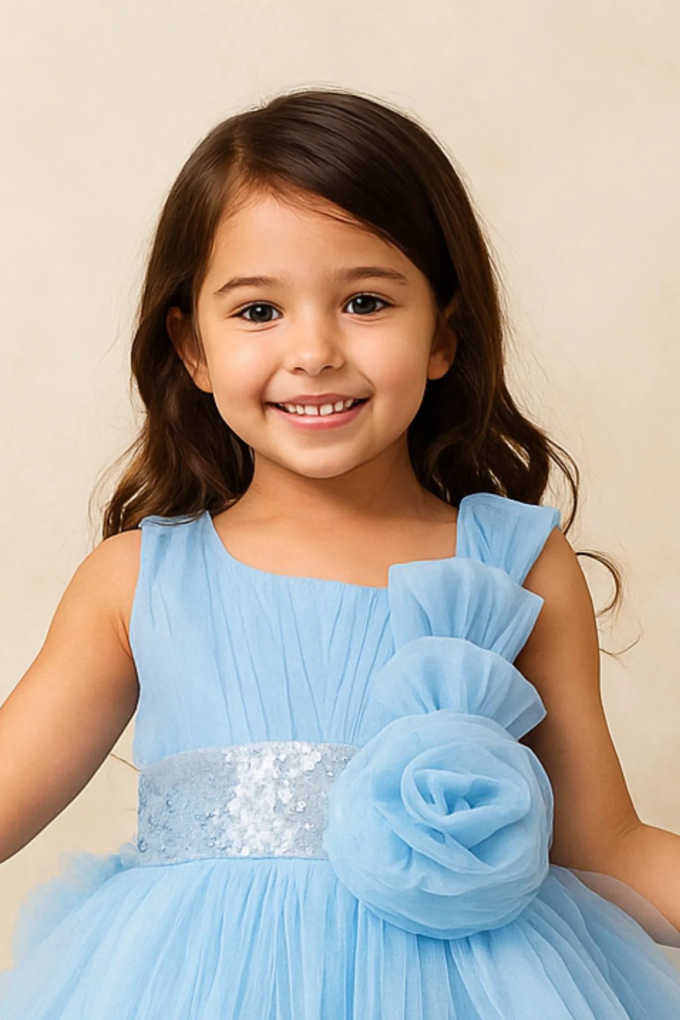 Sky Blue Layered Ruffled With Sequins Party Frock For Girls