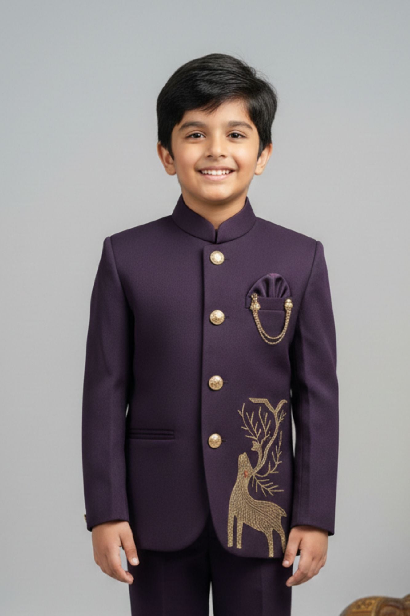 Designer Plum Purple Jodhpuri Suit Set With Royal Deer Motif For Boys