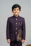 Designer Plum Purple Jodhpuri Suit Set With Royal Deer Motif For Boys
