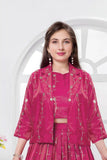Elegant Rani Pink Embroidered Lehenga Choli with Jacket & Dupatta For Girls