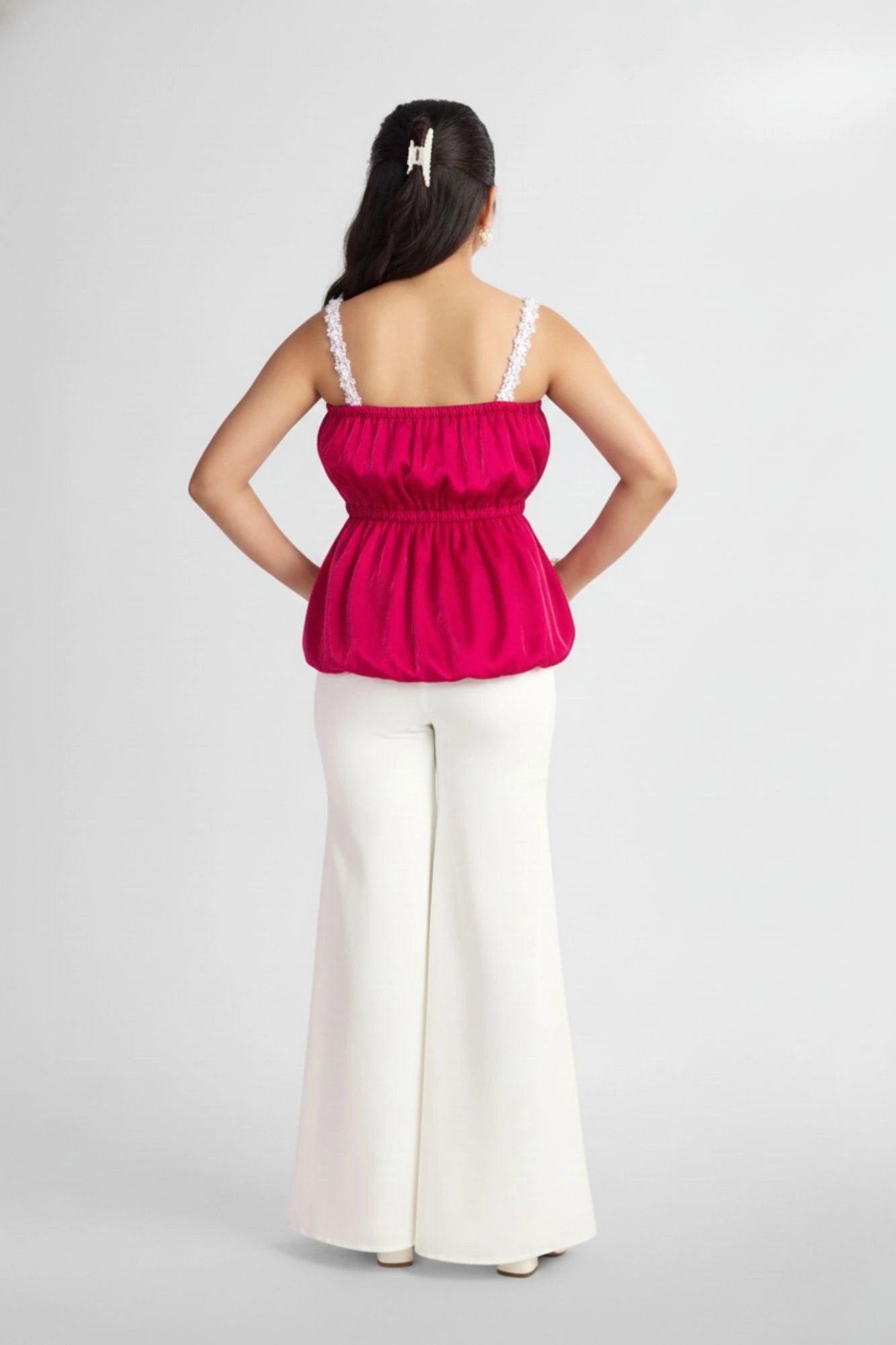 Pink Ruched Top with White Flared Pants For Girls