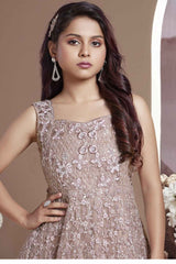 Rose Gold Beige Embroidered Party Wear Gown With Sequin Work For Girls