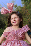 Onion Pink Sequin Ball Gown With Crossover Bow For Girlss