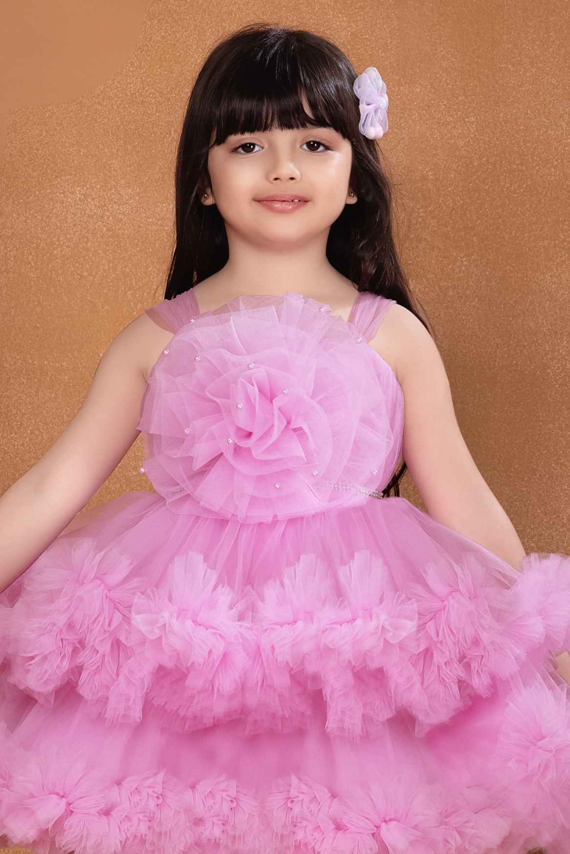 Lavender Sleeveless And Floral Embellished Frock For Girls