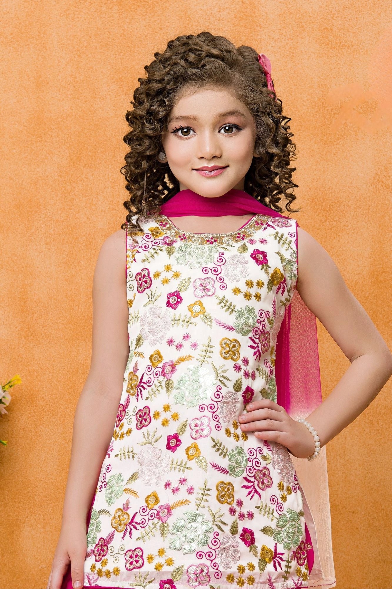 Rani Pink and Cream Printed Patiala Set with Dupatta For Girls