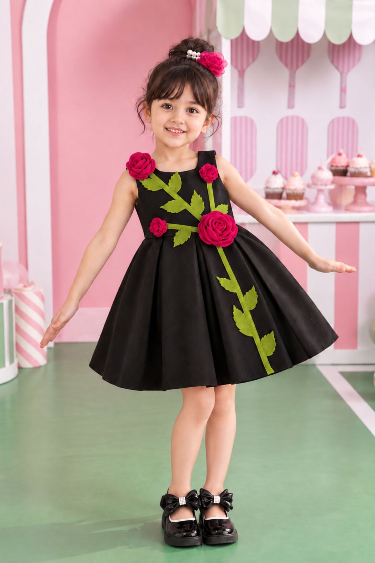 Girls Black 3D Rose Applique Party Wear Frock
