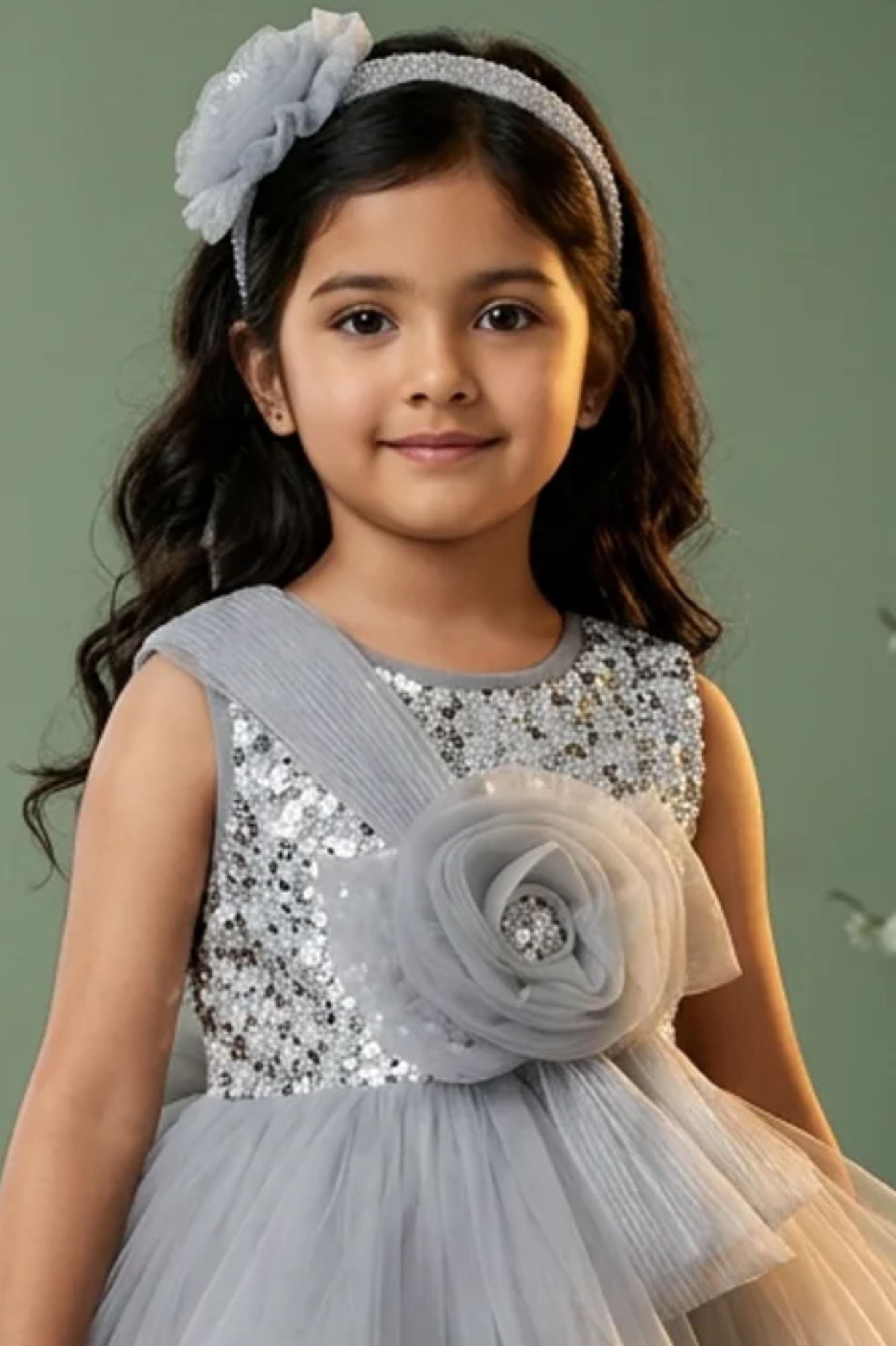 Girls Grey Sequin Embellished Party Frock with Tulle Layers and Floral Detail