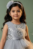 Girls Grey Sequin Embellished Party Frock with Tulle Layers and Floral Detail