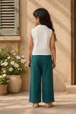 Girls Off-White And Dark Green Floral Embroidered Co-Ord Set with Wide Leg Pants