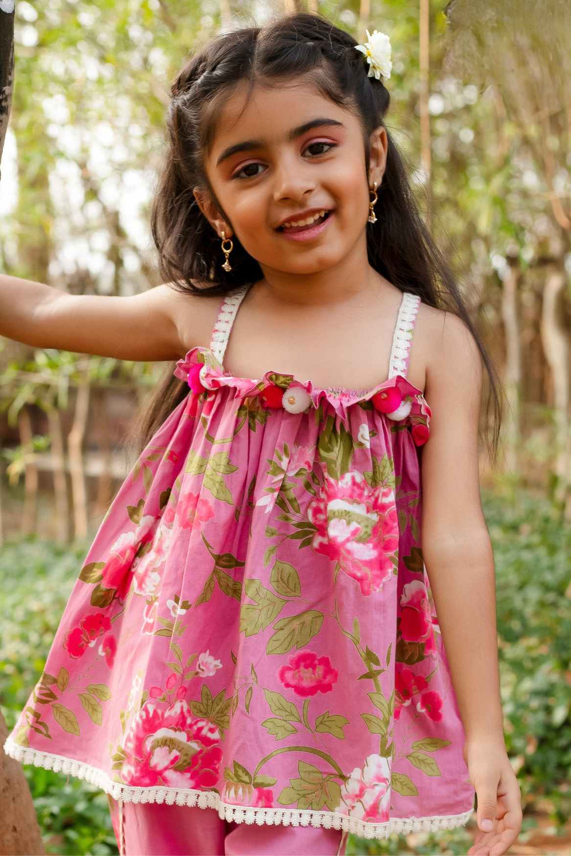 Pink Floral Printed Top With Lace Trim Palazzo Set For Girls