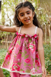 Pink Floral Printed Top With Lace Trim Palazzo Set For Girls