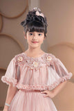 Pink Sequin Net Party Wear Gown With Ruffled Cape For Girls