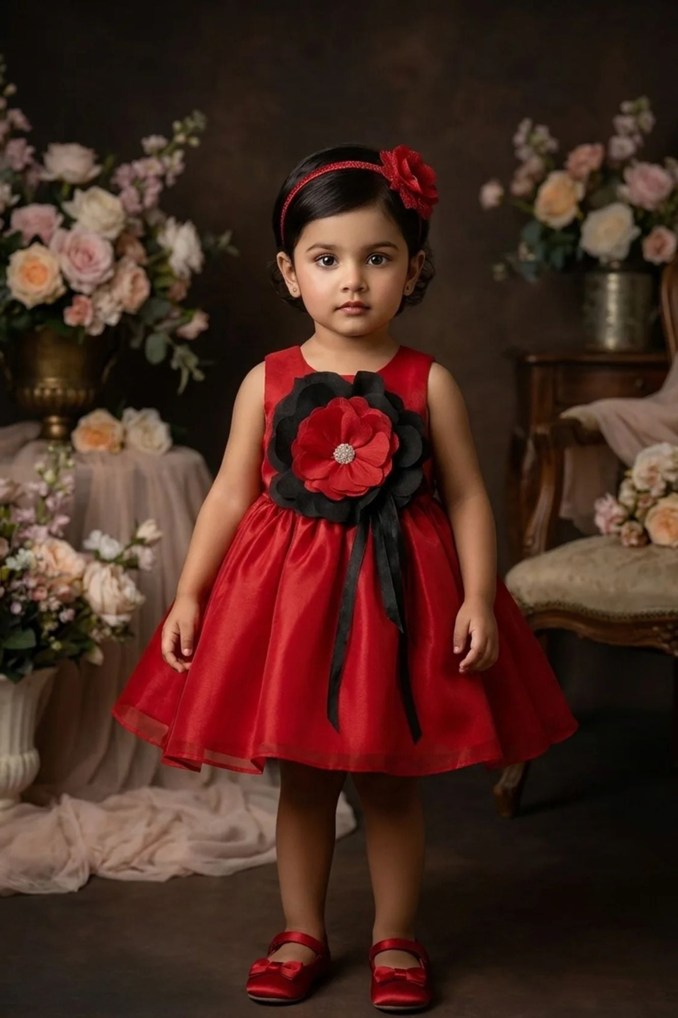 Girls Red  Party Frock With Black Floral Applique