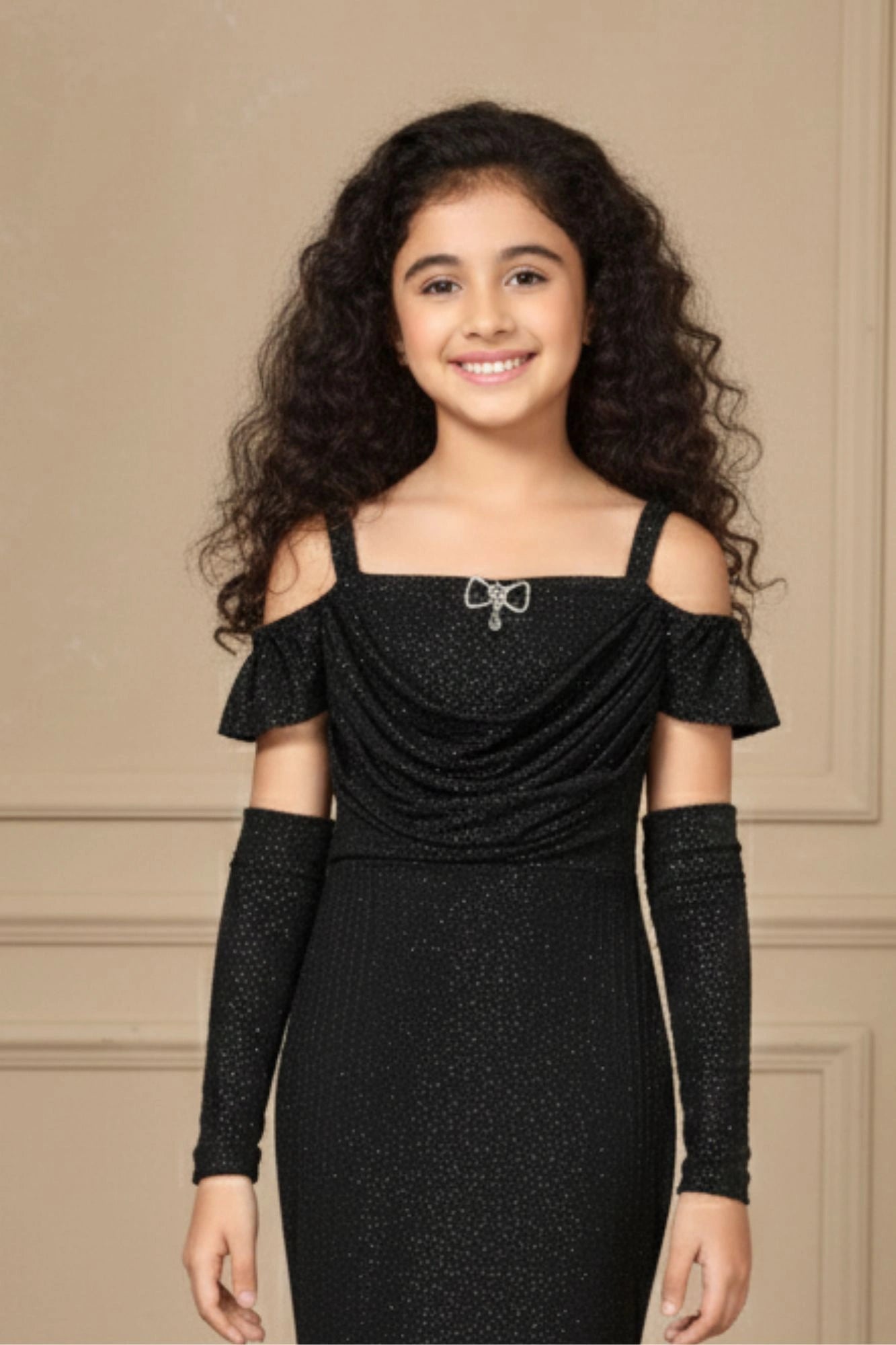Black Glitter Cold-Shoulder Mermaid Gown with Matching Arm Sleeves For Girls