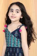 Navy Blue Sleeveless Printed Sharara Set For Girls