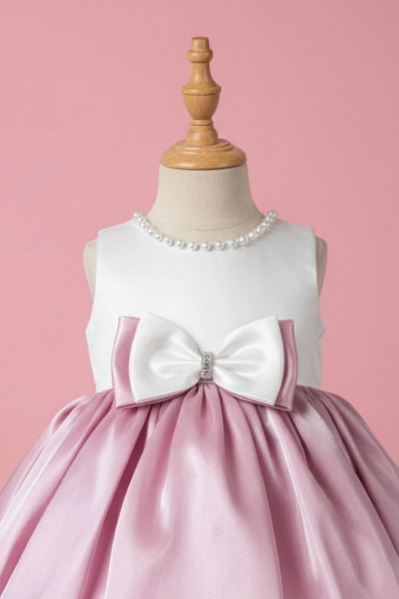 White & Pink Satin Party Frock with Pearl Neckline and Bow Accent For Girls