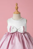 White & Pink Satin Party Frock with Pearl Neckline and Bow Accent For Girls