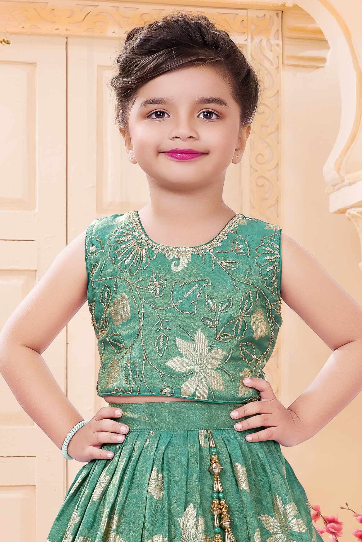 Green Floral Brocade Lehenga Choli Set For Girls