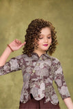 Mocha Brown Draped Indo-Western Dhoti Set with Floral Peplum Top For Girls