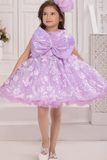Lavender Sequin Bow Party Wear Frock With 3D Floral Embellishments For Girls