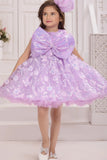 Lavender Sequin Bow Party Wear Frock With 3D Floral Embellishments For Girls