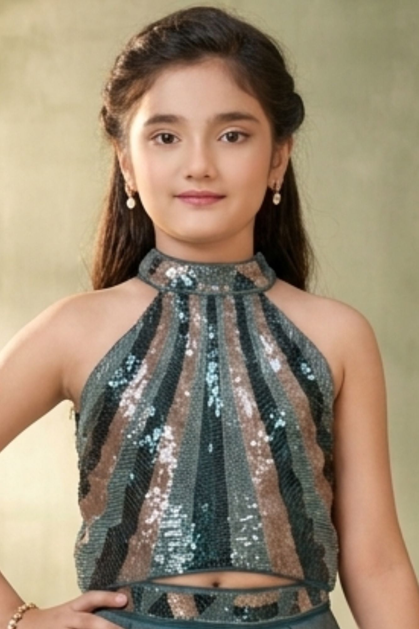 Girls Teal Blue Sequin Halter Crop Top with Palazzo Set
