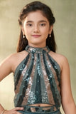 Girls Teal Blue Sequin Halter Crop Top with Palazzo Set