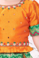 Yellow And Green Printed Silk Pattu Pavadai For Girls