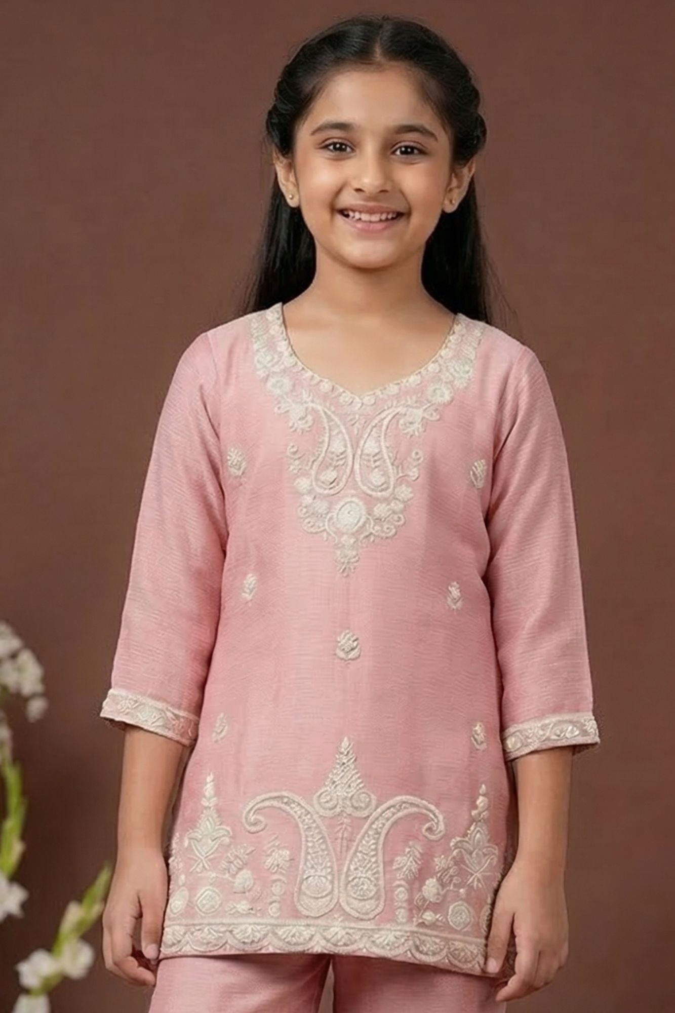 Dusty Pink Embroidered Sharara Set For Girls