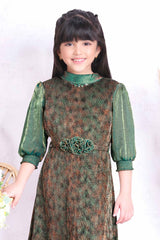 Stylish Green Puffed Sleeves Dress With Floral Embellished For Girls