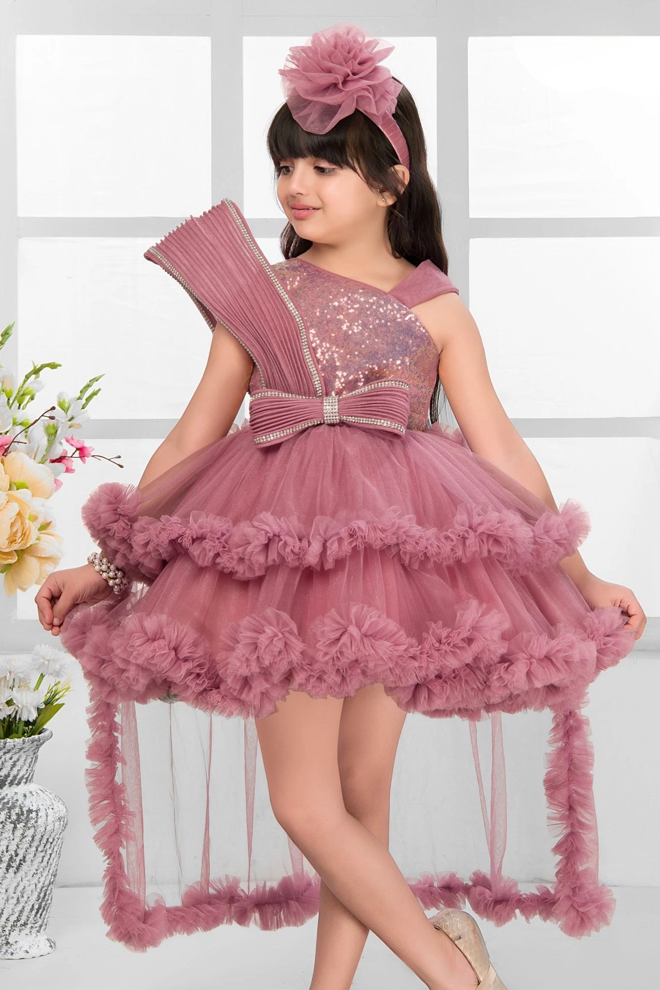 Dusty Rose Party Wear Frock with Sequin Bodice & Ruffled Hemline For Girls
