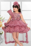 Dusty Rose Party Wear Frock with Sequin Bodice & Ruffled Hemline For Girls