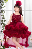 Maroon Party Frock with Sequin Bodice And Ruffle Layers For Girls