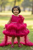 Pink Party Frock with Floral Embellished & Ruffle Layers with Tailback For Girls