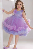 Purple Sequin Bodice Party Frock with Layered Ruffle Hem For Girls