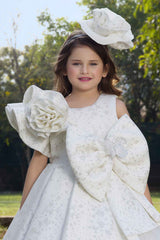 Luxe White Bow And Floral Embellished Party Wear Gown For Girls